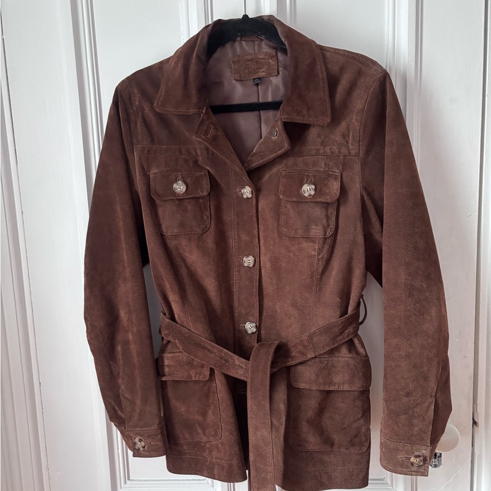 Women’s Vintage Denver Hayes Brown Suede Belted Buttoned Safari Jacket Large - Picture 1 of 12